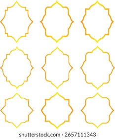 set of decorative frames.ramadan kareem frames. Gold islamic window shape. Arabic golden arch, Muslim mosque silhouette shape. Eid mubarak oriental mirror icon. Arabian arhitectur set.