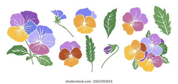 Set of of decorative fresh blossoming pansies with steam and leaves. Hand drawn colored outline flower icon. Vector illustrations isolated on white background.