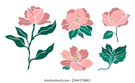 Conjunto de flores decorativas de peônia florescente fresca com vapor e folhas. Ícone de flor colorido desenhado à mão. O clipart de ilustração recortada por vetor é isolado no plano de fundo branco.	