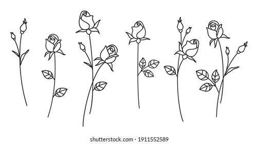 Set of decorative fresh blossoming rose silhouette with leaves isolated on white background. Hand drawn outline flower icon. Vector stock illustration	