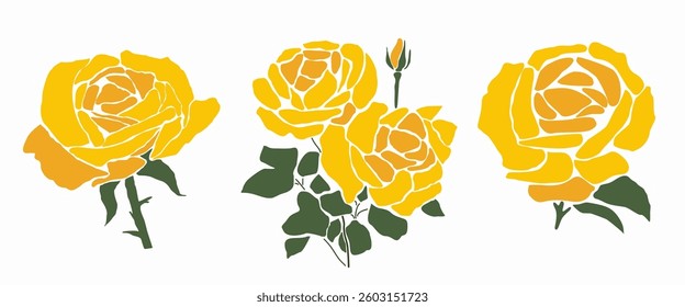 Set of decorative fresh blossoming yellow rose flower, June birth month flowers. Flat vector illustration isolated on white background