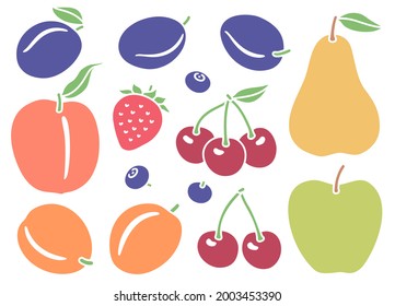 Set of decorative fruit and berries. Local produce: prune plums, pear, apple, cherry, strawberry, blueberry, peach, and apricots.