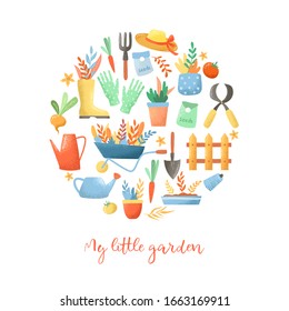 Set of decorative Gardening tools doodle elements on a white background. Round print. 