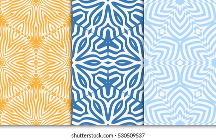 set of decorative geometric floral seamless pattern. vector illustration. for original design invitation, wallpaper. blue, orange color