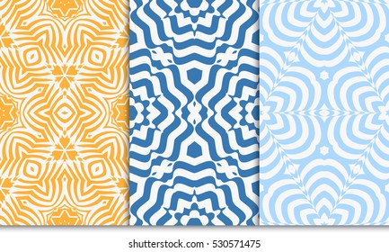 set of decorative geometric floral seamless pattern. vector illustration. for original design invitation, wallpaper. blue, orange color