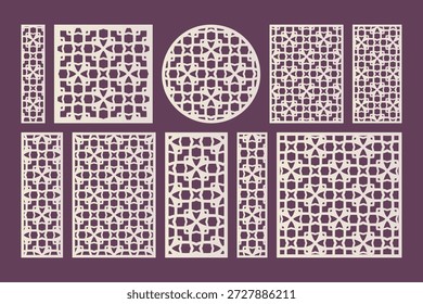 Set of decorative geometric frames and panels in arabesque style, Laser cut templates.