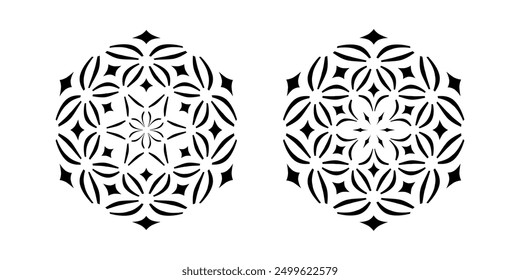 Set of Decorative Geometric Radial Patterns in Hexagon Shape. Vector Art. 