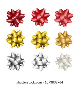Set of decorative gift bows isolated on white background. Red, gold and silver metallic to satin to mat. Decoration design elements. Realistic vector illustration icon set. Happy holiday gift box.