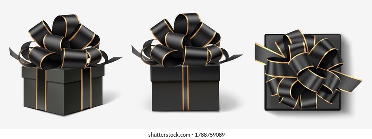 Set of decorative gift boxes with black bow isolated on gray. Christmas and new year holiday decoration. Black friday sale collection.