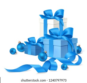 Set of decorative gift boxes with blue bow and Christmas balls isolated on white. Vector illustration