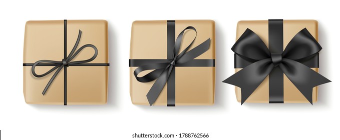 Set of decorative gift boxes isolated on white. Christmas and new year holiday decoration. Black friday sale collection.