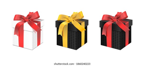 Set of decorative gift boxes isolated on white. Christmas and new year holiday decoration. Black friday sale collection.