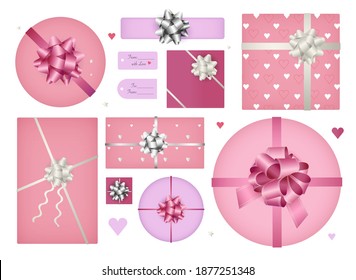 Conjunto de cajas de regalo decorativas aisladas en fondo blanco. Pequeñas cajas de regalo de colores rosa pastel. Arcos y cintas blancas, plateadas y violetas. Presentación redonda y cuadrada, vista superior, diseño realista.