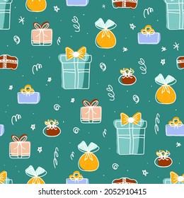Conjunto de cajas de regalo decorativas en un estilo lineal con manchas vectoriales brillantes, Doodles. Coloridas cajas con sorpresas. Chicas regalos de Navidad. patrón sin fisuras para papel de embalaje, scrapbooking y más