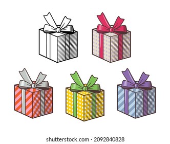 Set of decorative gift boxes. Retro style vector illustration in different colors. Isolated on white