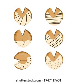 A set of decorative with glaze Chinese fortune cookies. Vector illustration. White background.