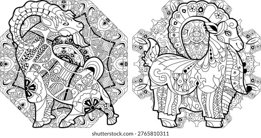 Set of decorative goats. Hand drawn decorative vector illustration for coloring on mandalas