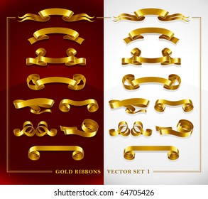 set of decorative gold banners on red and white background vector illustration