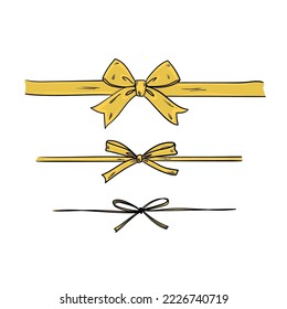 Set of decorative gold bows with horizontal ribbon isolated on white background. Stock Vector illustration.