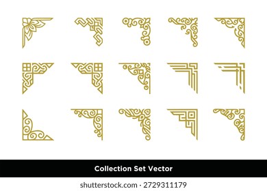 Set aus dekorativen goldenen Ecken elegante Ränder und Rahmen in einer Vielzahl von verzierten Designs. Aufwändige Goldmuster für elegante Dekoration und dekorative Akzente.	