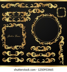 Set of decorative gold elements and frames in vintage style on a black background