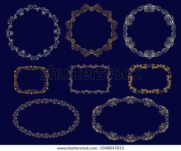 Set of\
decorative gold frames on the dark\
background.