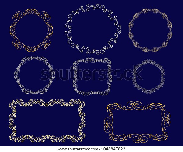 Set of\
decorative gold frames on the dark\
background.