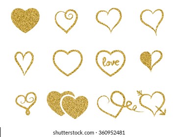 Set of decorative gold glitter texture isolated hearts on white background. Romantic shiny icons for valentine's day, design, greeting card, scrapbook, decoration, party, banner.