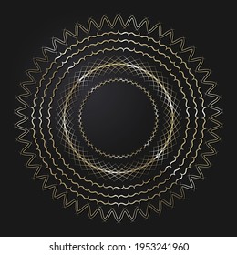 Set of decorative gold round frames with an abstract pattern on a black background. Circular ornament. Elegant design elements. Vector.
