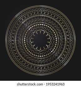Set of decorative gold round frames with an abstract pattern on a black background. Circular ornament. Elegant design elements. Vector.