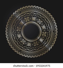 Set of decorative gold round frames with an abstract pattern on a black background. Circular ornament. Elegant design elements. Vector.