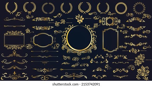 Juego de marcos decorativos dorados brillantes de vintage y bordes establecidos, fotograma dorado con esquina Tailandia floral para imagen, diseño vectorial estilo de decoración de patrón. diseño de borde es patrón 