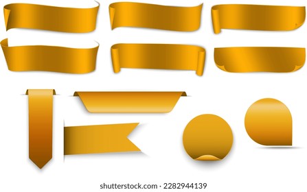 Set of decorative gold, yellow ribbon with shadow isolated on white, Ribbon banner set, Golden ribbons.Vector illustration, Web design element, sale promotion, price tags, realistic glossy gold label 