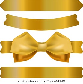 Set of decorative gold, yellow ribbon with shadow isolated on white, Ribbon banner set, Golden ribbons.Vector illustration, Web design element, sale promotion, price tags, realistic glossy gold label 