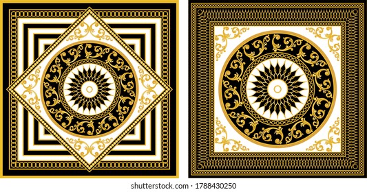 Set of decorative golden baroque motif with chains on black background. EPS10 Illustration.