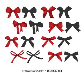 Set of decorative golden bows and black silhouette gift bows. 