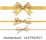 Set of decorative golden bows with horizontal yellow ribbon isolated on white background. Vector illustration