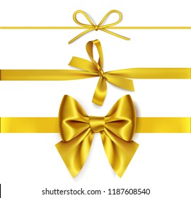 Set of decorative golden bows with horizontal yellow ribbon isolated on white background. Vector illustration. Holiday decorations