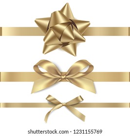 Set of decorative golden bows with horizontal gold ribbon isolated on white background. Vector illustration. Holiday decorations