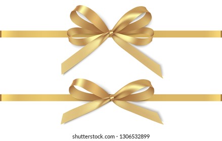 Set of decorative golden bows with horizontal yellow ribbon isolated on white background. Vector illustration