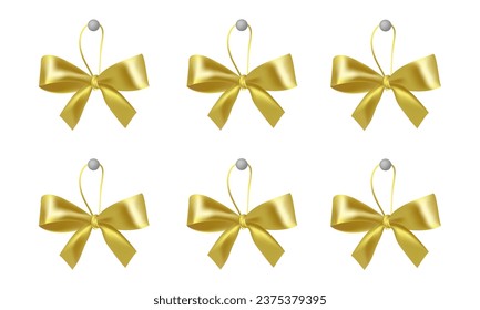 Set of decorative golden bows with horizontal yellow ribbon isolated on white background. Vector