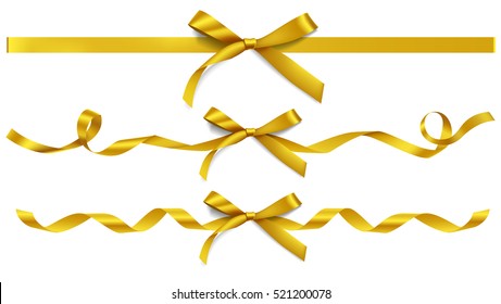 Набор декоративных золотых бантов с горизонтальными золотыми лентами, изолированными на белом. Векторный желтый подарок лук с свернутой лентой для декора страницы. Новогодние праздничные украшения