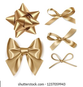 Set of decorative golden bows isolated on white background. Vector illustration. Holiday decorations