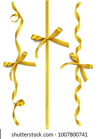 Set of decorative golden bows with vertical curled ribbon isolated on white background. Vector yellow bow