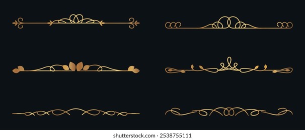 A set of decorative golden dividers. Vector on black background