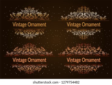 Set Decorative Golden Frames with Floral Pattern, Flowers and Butterflies Silhouettes on Night Starry Sky Background. Vector