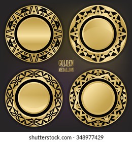 Set of Decorative Golden Medallions. Golden Laced Labels on Black. Flash Tattoo Metallic Items. Vector Illustration