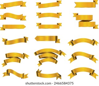 Set of decorative golden ribbon banners isolated on white, golden Bow With Ribbons Set, With Gradient Mesh, Vector Illustration, Vector golden ribbons. Ribbon banner set, golden Ribbon banner set.