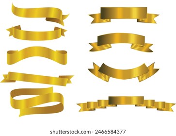 Conjunto de Anuncios de cinta de oro decorativos aislados en blanco, arco dorado con conjunto de cintas, con malla degradada, Ilustración vectorial, cintas de oro de Vector. Conjunto de Anuncio de cinta, conjunto de Anuncio de cinta de oro.