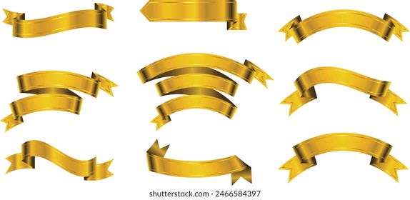 Conjunto de Anuncios de cinta de oro decorativos aislados en blanco, arco dorado con conjunto de cintas, con malla degradada, Ilustración vectorial, cintas de oro de Vector. Conjunto de Anuncio de cinta, conjunto de Anuncio de cinta de oro.